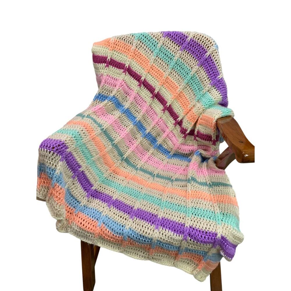Vintage Crochet Afghan Blanket Bright Pastel Stripes 42" x 50"